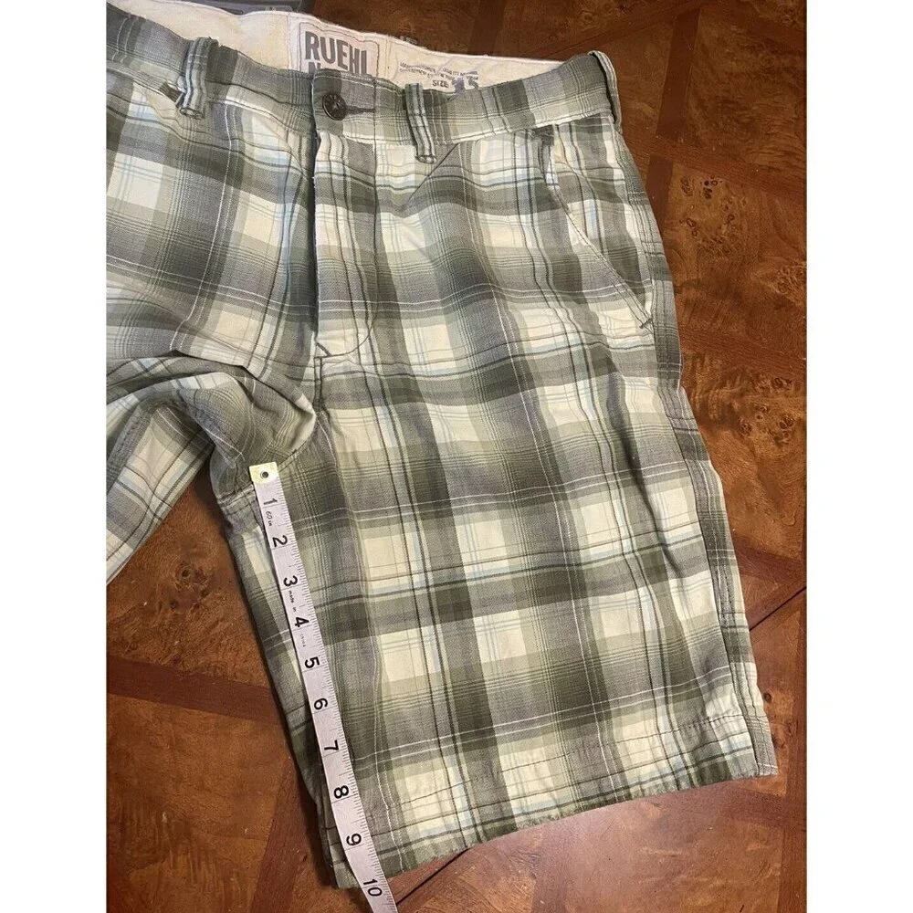 RUEHL No.925 Men's 32 Plaid Green Chino Shorts Heavy Twill Button Fly Drawstring